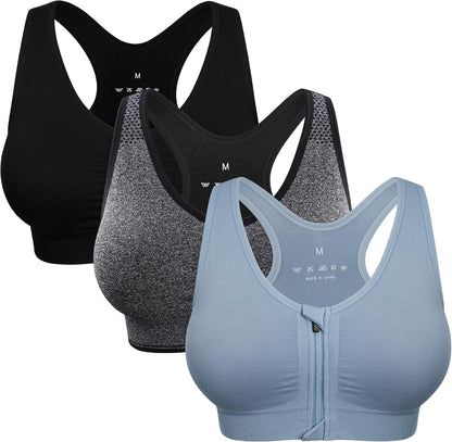 Women'S Zip Front Sports Bra Wireless Post-Surgery Bra Active Yoga Sports Bras