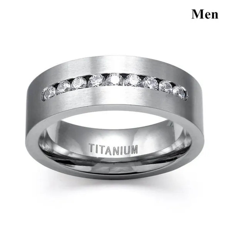 YOHAPP NEW Fashion Couple Rings Set Jewelry - Men's 8mm 316L Stainless Steel Titanium Ring and Women's Three Stone Princess Cut 1CT Diamond   Silver  Bridal Wedding Engagement Band Ring