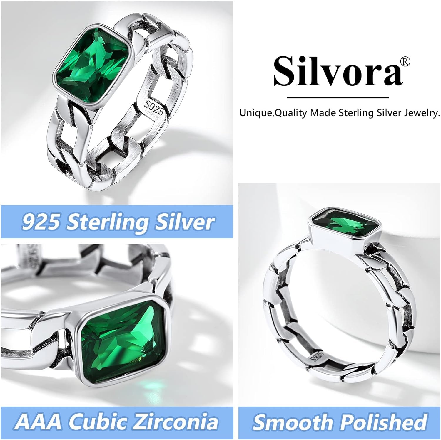 Cuban Link Chain Band Ring with CZ Sterling Silver Jewelry Wedding Engagement Gift with Delicate Packaging