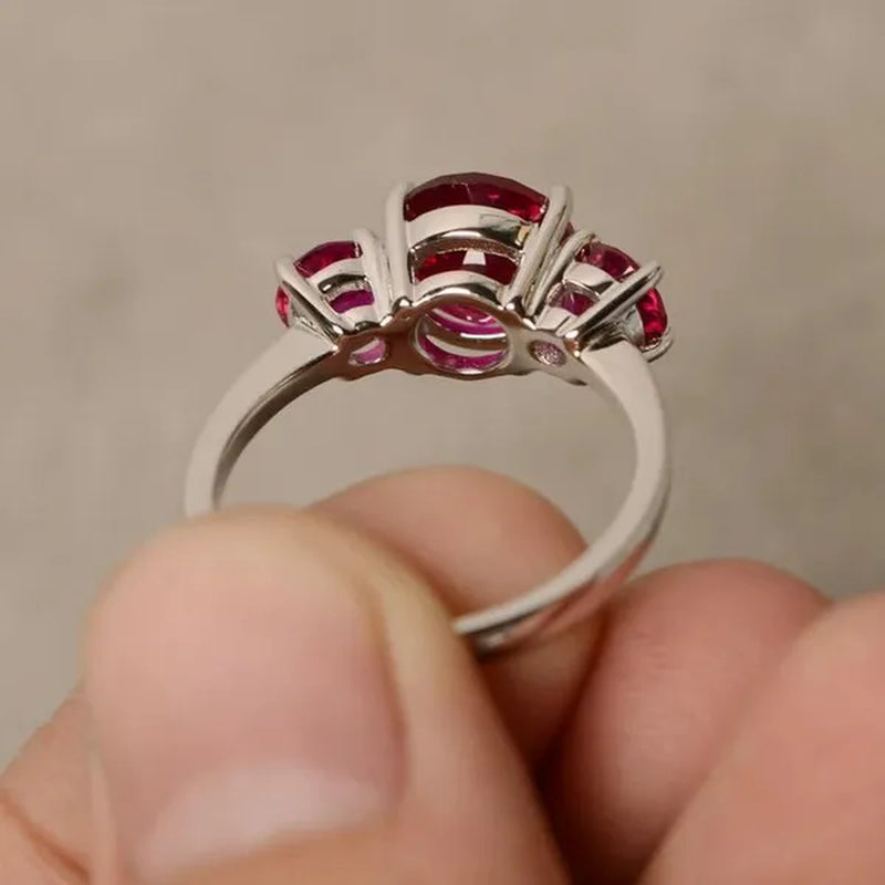Ruby Ring Three Stone Zircon Ring Bride Engagement Wedding Anniversary Silver Plated Ring
