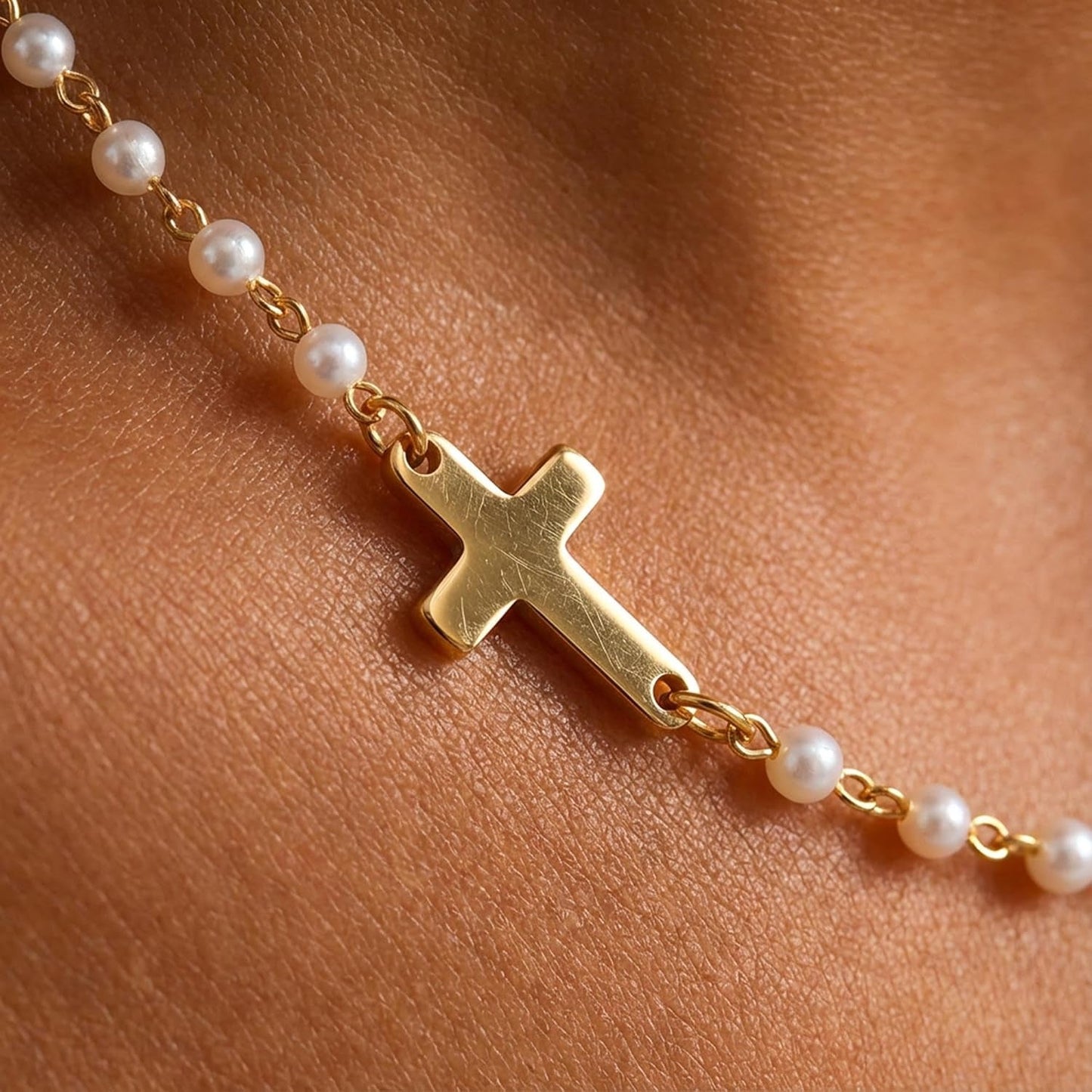 Pearl Cross Necklace for Women – 14K Gold Plated Faith Religious Jewelry