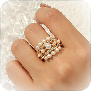 Pearl Rings for Women - Freshwater Gold Pearl Stackable Beaded Open Adjustable Boho Vintage Thumb Midi Pinky Knuckle Rings - Christmas Jewelry Gifts