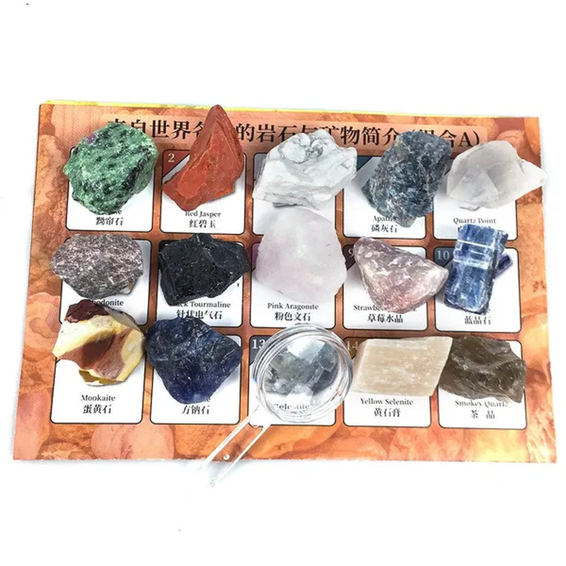 15 Types Rock Minerals Gift Box Smokey Quartz Kyanite Apatite Sodalite Selentite