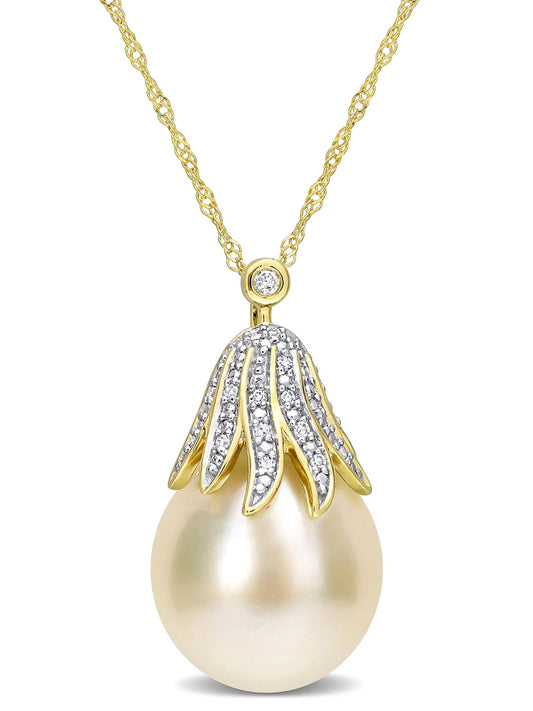 10-11Mm South Sea Cultured Freshwater Pearl and Diamond Accent 14Kt Yellow Gold Leaf Crown Drop Pendant with Chain