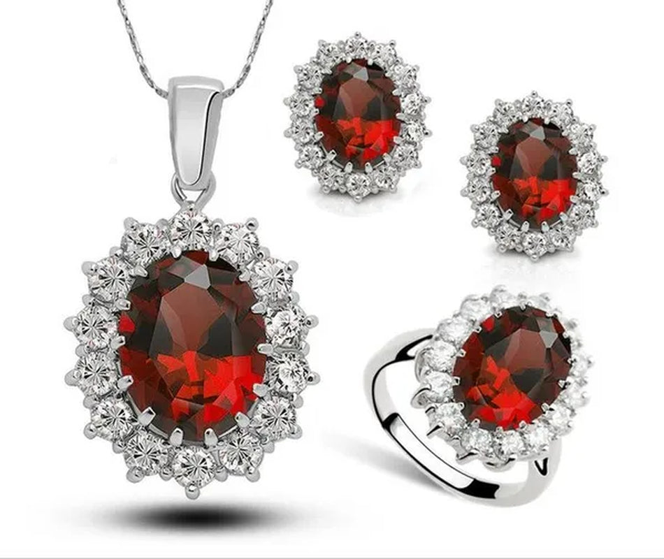 Fashion Natural 925 Silver Sapphire Ring Earring Necklace Set Ladies High-End Crystal Diamond Three-Piece Set Women'S Wedding Jewelry Party Gift Europe and America