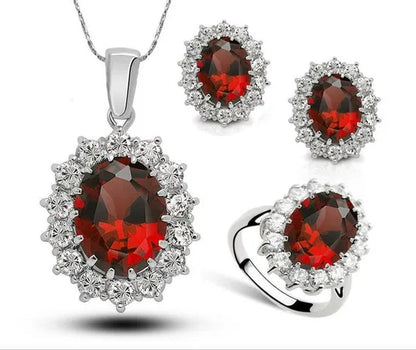 Fashion Natural 925 Silver Sapphire Ring Earring Necklace Set Ladies High-End Crystal Diamond Three-Piece Set Women'S Wedding Jewelry Party Gift Europe and America
