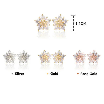 1 Pair Silver Plated Lab Diamond Snowflake Stud Earrings for Women Wedding Party Fashion Accessories