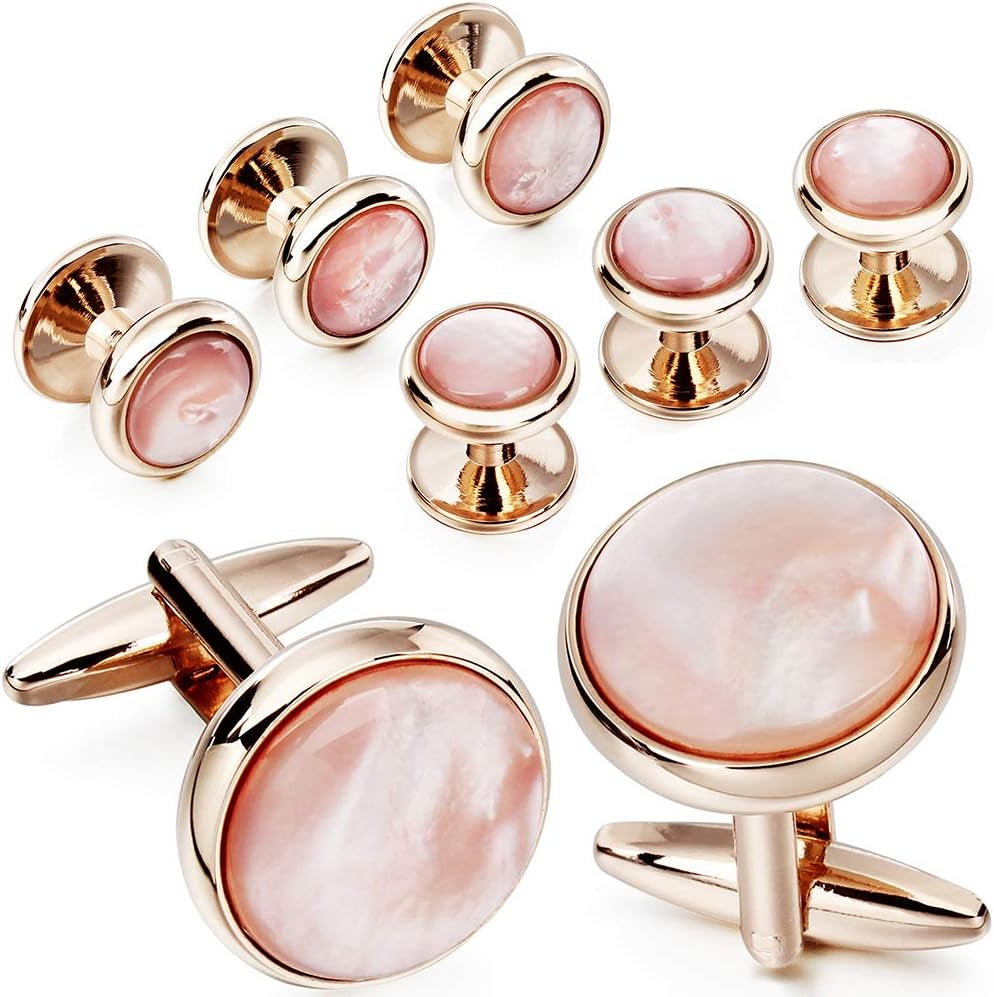 Cufflinks and Tuxedo Studs Set for Men with Gift Box, Rose Gold Tone Mother-Of-Pearl Cuff Links for French Cuff Shirt and Dress Shirt, Suitable for Wedding, Birthday, Party, Anniversary
