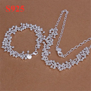 Women's Charm 925 Sterling Silver Fringe Line Frosted Beads Bracelets Elegant Necklace Bridal Wedding Jewelry Set