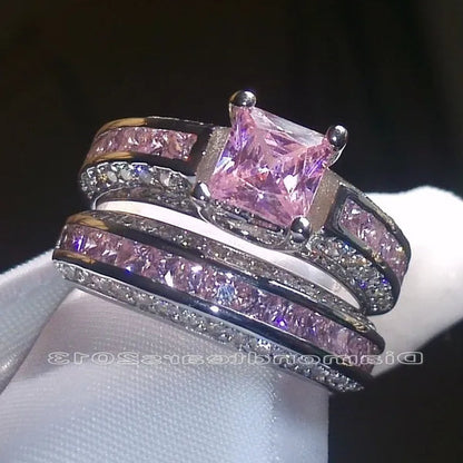 2Pcs/Set 925 Silver Plated Pink Purple White Sapphire CZ Wedding Set Rings Size 6-11  (Choice Color and Size )