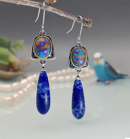 New Boho Style Natural Lapis Lazuli Gemstone Hook Earrings Women Wedding Engagement Earrings