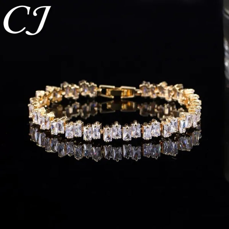 CANDICE Hottest Yellow Gold Plated Tennis Bracelet for Women Shiny Baguette Cubic Zircon Setting Gorgeous Party Jewelry Accessories