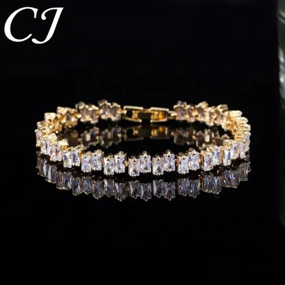 CANDICE Hottest Yellow Gold Plated Tennis Bracelet for Women Shiny Baguette Cubic Zircon Setting Gorgeous Party Jewelry Accessories