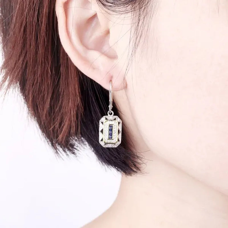 Retro 925 Sterling Silver Blue Sapphire Gemstone Newshe Drop Dangle Earrings Art Deco-style White Cubic Zirconia Leverback Earrings CZ Charm Woman Jewelry Gift