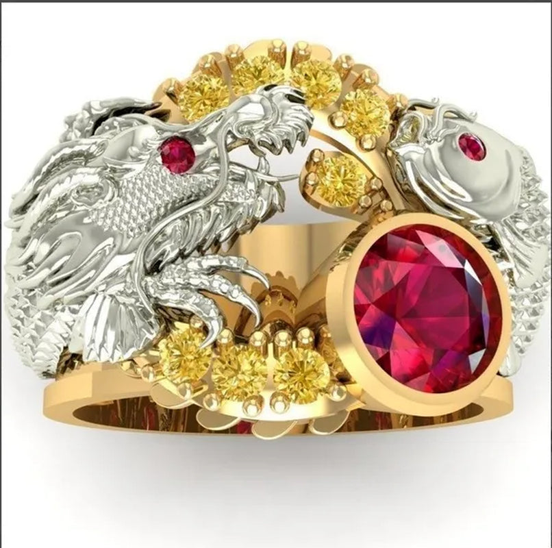 New Classic Fashion Men'S 14K Gold Ring Two-Tone Wrap Dragon 925 Sterling Silver Party Ruby Men'S Engagement Wedding Ring Jewelry Hip Hop Style Bracelet Size 5-14