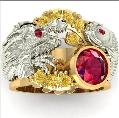 New Classic Fashion Men'S 14K Gold Ring Two-Tone Wrap Dragon 925 Sterling Silver Party Ruby Men'S Engagement Wedding Ring Jewelry Hip Hop Style Bracelet Size 5-14