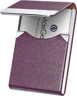 Business Card Holder, PU Leather & Stainless Steel Business Card Case for Men or Women, Slim Name Cards Holder RFID Blocking Credit Cards Carrier with Magnetic Closure, Purple