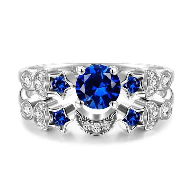Romantic Moon and Stars Engagement Ring Set 925 Sterling Silver CZ Blue Sapphire Diamond Promise Rings Fashion Cocktail Party Jewelry Bridal Wedding Band Size 6-10