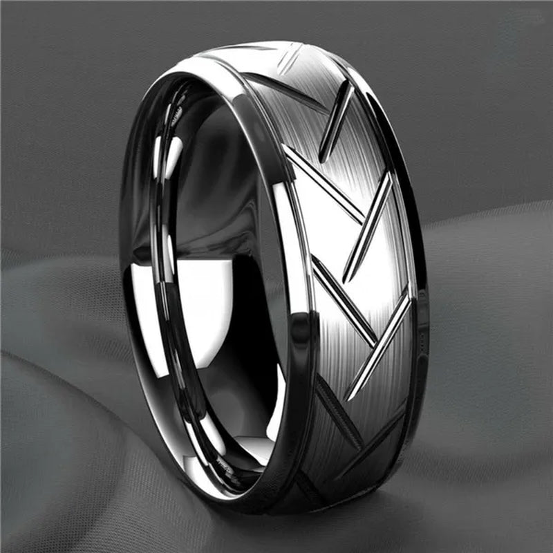 Fashion Creative Black Silver Groove Cut Ring Diagonal Arc Solid Color Ring Engagement Ring Anniversary Gift