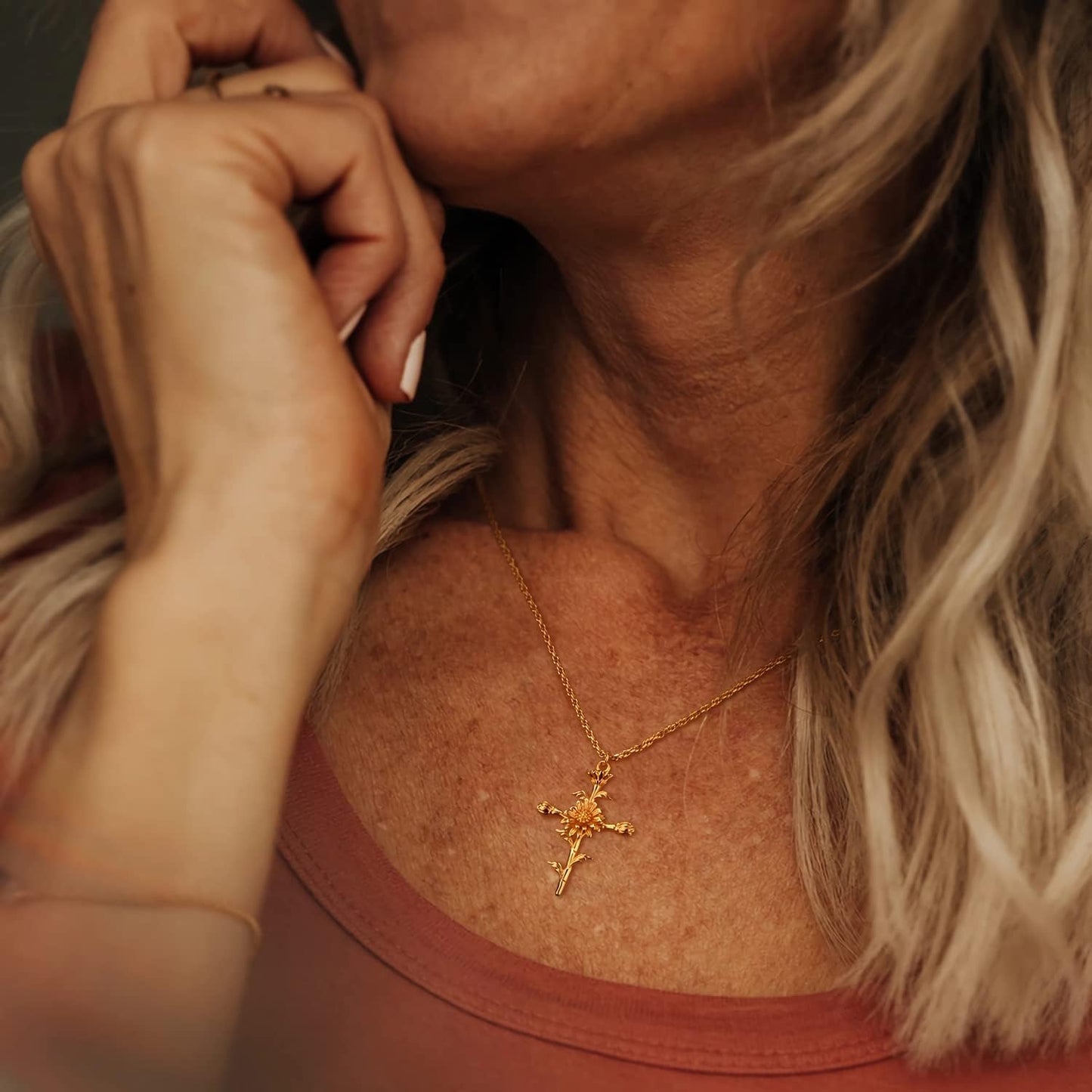 Gold Birth Flower Cross Necklace for Women 12 Month Faith Pendent 18K Gold Plated 2MM Twist Rope Chain Personalized Religious Birthday Jewelry for Her