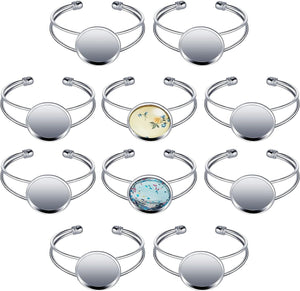 Jewelry Making Kit, 10Pcs 25Mm Bezel Tray Blank Bangle Bracelet, Adjustable round Bracelet for DIY Handmade, Men and Women (Silver)