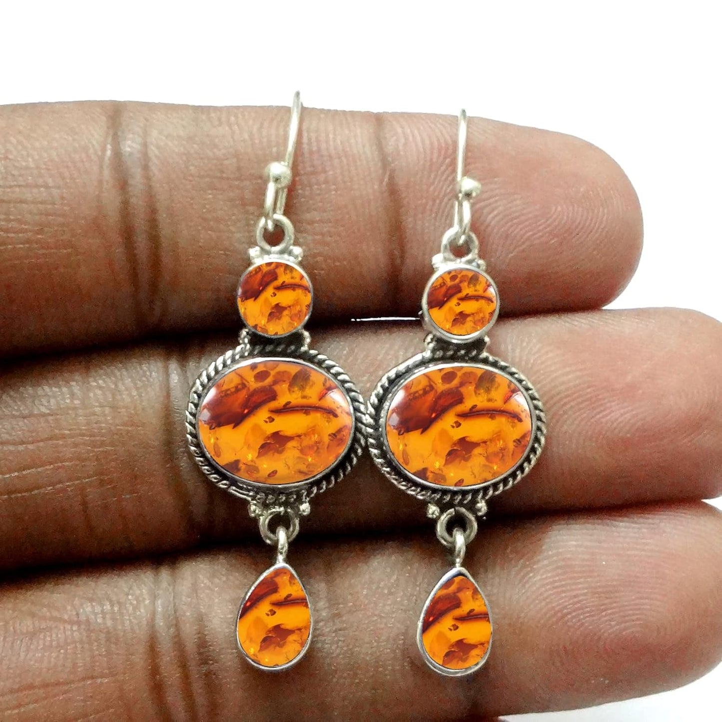 Fine Sterling Silver Dangle Earrings for Women & Girls Genuine Amber Dangle Drop Earrings Sterling Silver Dangle Drop Earrings Oval Gemstone Trendy Drop Dangle Earrings