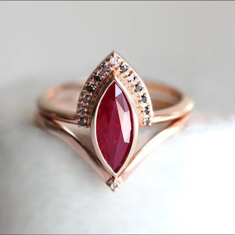 Unique Natural Rhombus 2 in 1 Ruby Engagement  Rose Gold Ring Marquise Bridal  Wedding Ring With Black Diamonds Women Ruby Ring Diamond Fine Jewelry