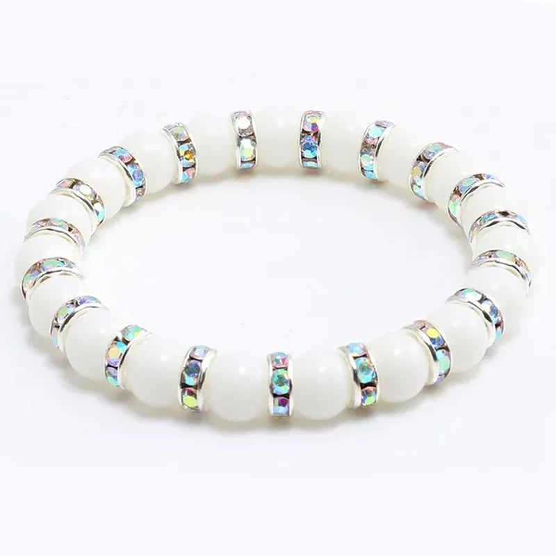Natural Stone Pink Crystal Quartz &White Porcelain Rhinestones Bracelets & Bangles Charm Powder Beads Strand Bracelet Love Gifts for Women Men Casual Jewelry