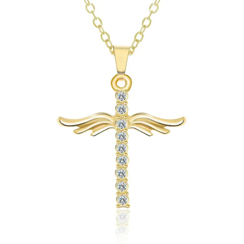 Women's Fashion 18 K Gold Fashion Cross Diamond Pendant Necklace Angel Diamond Necklace