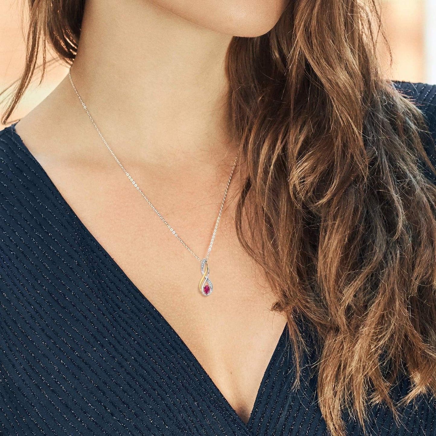 10K Yellow Gold and 925 Sterling Silver Red Created Ruby and White Lab Grown Diamond Pendant Necklace for Women (0.56 Cttw, Gemstone July Birthstone, Oval 6X4MM, with 18 Inch Silver Chain)