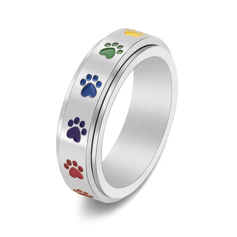 Women Men Multicolor Cartoon Cute Dog Footprints Spinner Ring Gay Lesbian LGBT Pride Stainless Steel Rainbow Color Cat Claw Paw Prints Rotatable Rings Engagement & Wedding Band Size 6-12 Black / Silver / Gold / Rose Gold