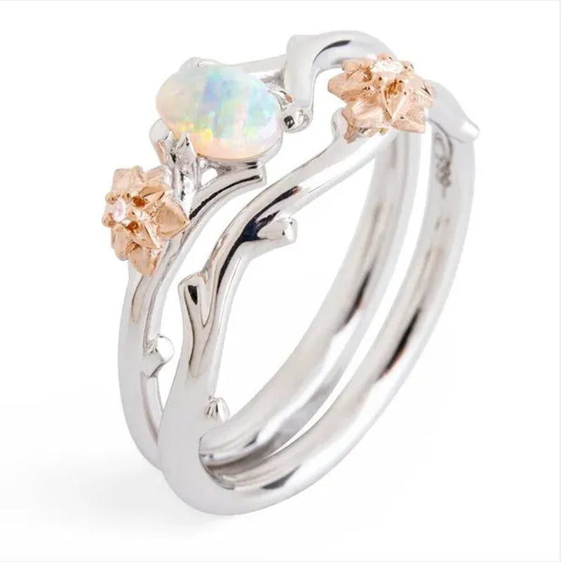 Exquisite Women's Fashion Two Tone Twig And Rose Gold Flowers Opal Ring Set Anniversary Gift Engagement Bridal Wedding Jewelry Rings Size 5-10