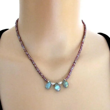 Labradorite Mystic Red Garnet Necklace Sterling Silver DJStrang Boho Chic Red Gray Blue Green Gemstone Spectrolite Briolette Sundance Style