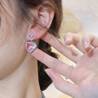 Trendy Pink Sapphire Pendant 925 Sterling Silver Heart Earrings for Women Bridal Romantic Wedding Earrings Jewelry Gift
