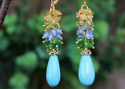 Multi Gemstone Cluster Earring.Blue Turquoise.Citrine.Peridot.Aqua.Emerald.Jade.