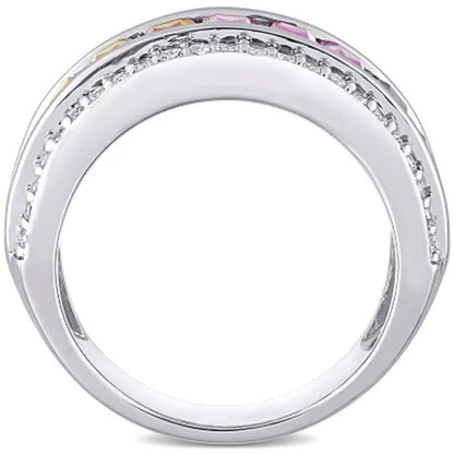 Multi-Color Created Sapphire Semi-Eternity Anniversary Ring in Sterling Silver