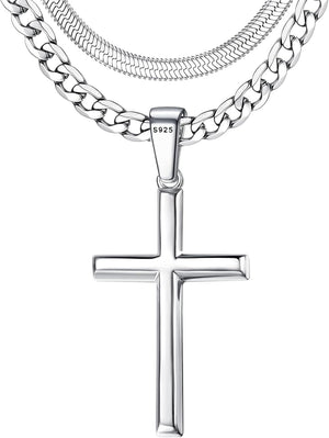 925 Sterling Silver Cross Necklace for Men - Waterproof Layered Sterling Silver Cross Pendant Necklaces Stainless Steel Cuban Link Herringbone Cross Chain Necklace Set Jewelry Gifts 16-30 Inches