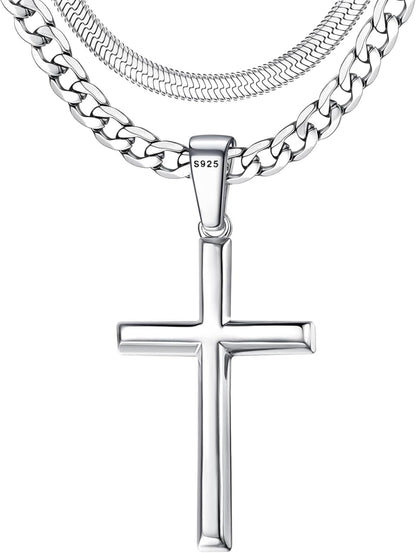 925 Sterling Silver Cross Necklace for Men - Waterproof Layered Sterling Silver Cross Pendant Necklaces Stainless Steel Cuban Link Herringbone Cross Chain Necklace Set Jewelry Gifts 16-30 Inches