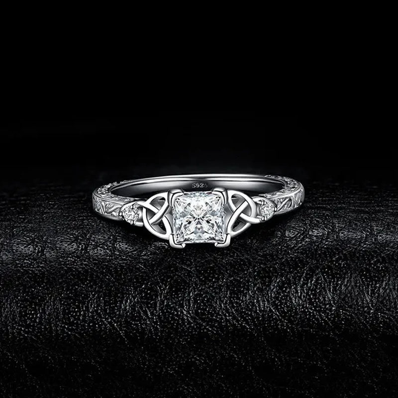Classic and Fashionable silver-plated Celtic Knot Princess Geometric Cubic Diamond Ring Bridal Engagement Wedding Ring Size 5-11