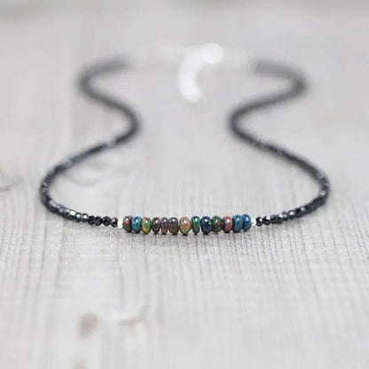 Ethiopian Welo Opal & Black Spinel Necklace. Sterling Silver, Rose, Gold Filled. Dainty Gemstone Choker.