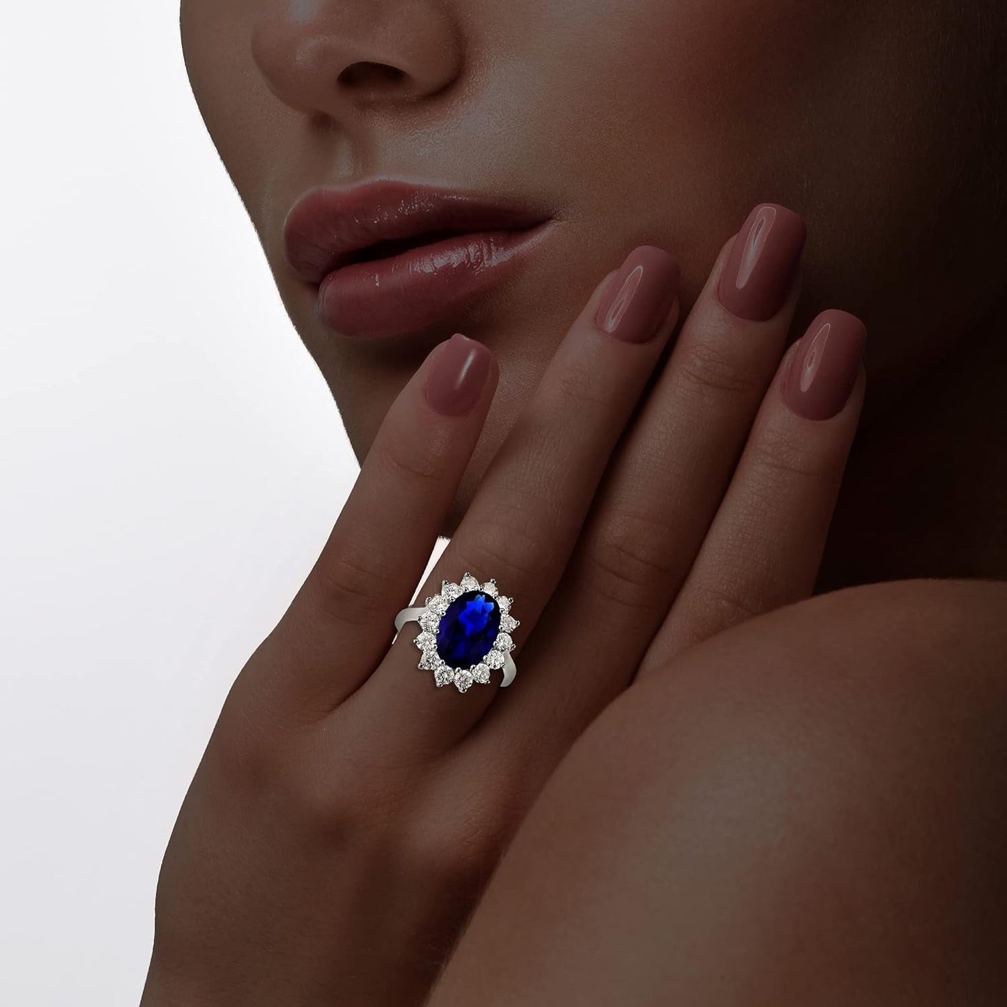 Sterling Silver Large Oval Created Blue Sapphire and Clear Cubic Zirconia Statement Bridal Engagement Princess Diana/Kate Middleton Royal Ring