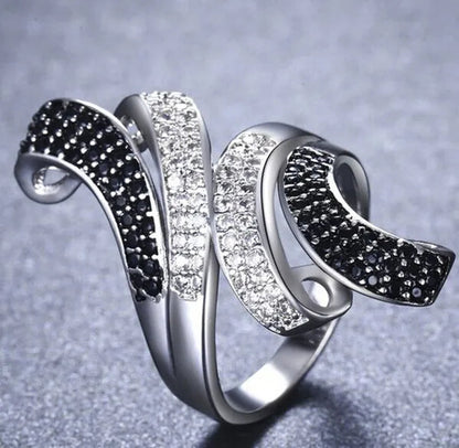Gorgeous Silver Crown Natural Gemstones White Sapphire and Black Sapphire Birthstone Bride Wedding Engagement Multilayer Rose Flower Ring Size 6 7 8 9 10
