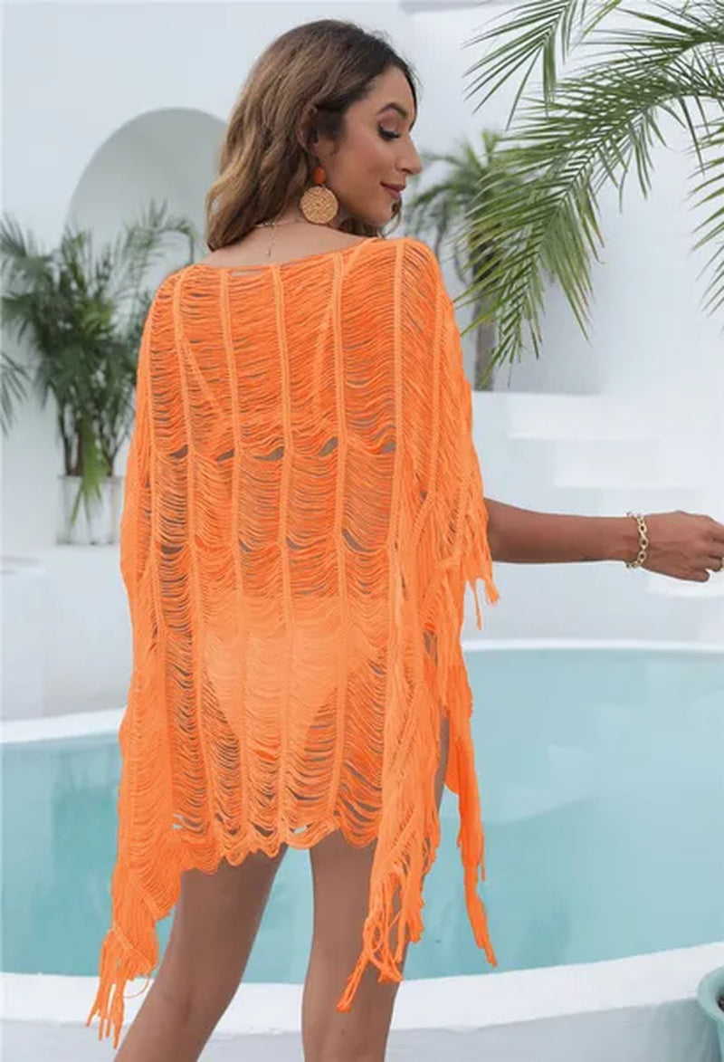 Fashion Women Summer Beach Bikini Cover up Hollow Out Knitted Tassel Sweater Dresses Swimwear Irregular Covers（7 Colors）