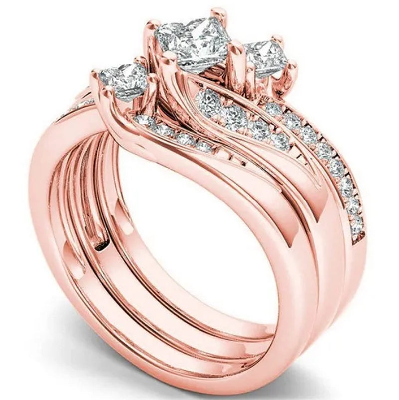 3 Pcs/Set Exquisite Fashion 925 Sterling Silver Natural White Sapphire and Diamond Ring Set Anniversary Gift Bridal Engagement Wedding Jewelry Set Ring Size 5-11 (3 Style Silver, Gold, Rose Gold)