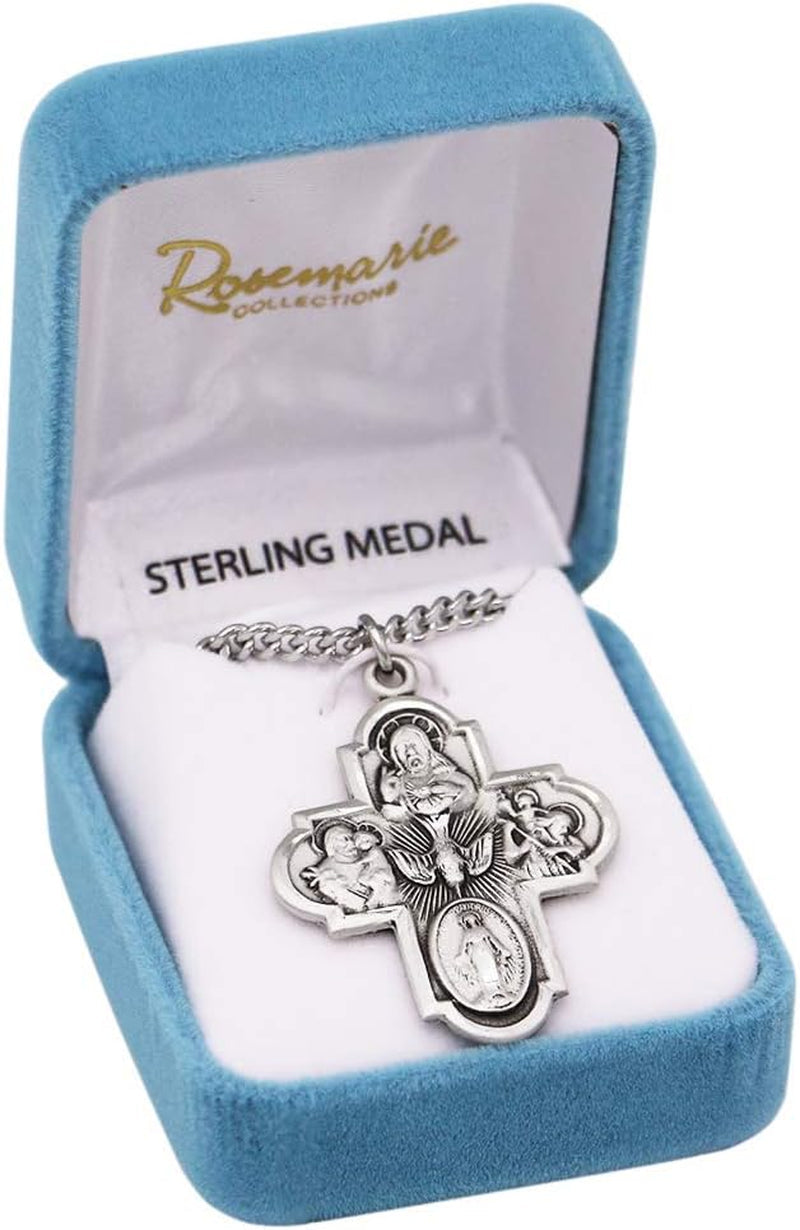 Sterling Silver Traditional Catholic Four Way Cross Medal Pendant Necklace, 24"