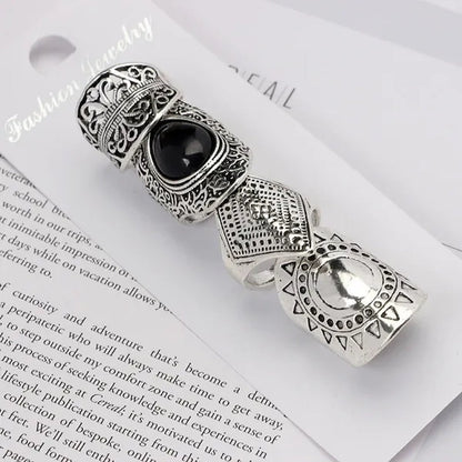 4Pcs/Set Vintage Silver Gypsy Boho Ethnic Ring Hollow Carved Gem Diamond Women  Rings - WORLD TIME VISITS