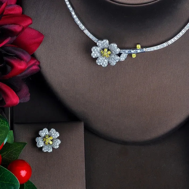 CANDICE Romantic 3D Flower Design Full Micro Pave Tiny CZ and Yellow 18K White Gold Plated Choker Necklace Earrings Set for Women Stylish Prom Party Jewelry
