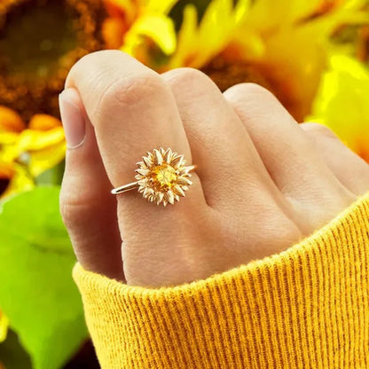 Luxury Fashion silver-plated Crystal Sunflower Diamond Ring Natural Water Drop Citrine Rings Ladies Elegant Glamorous Party Finger Jewelry Party Bride Wedding Engagement Ring Anniversary Gift
