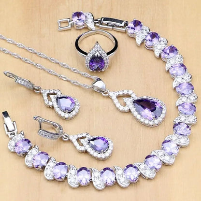 925 Silver Jewelry Sets Blue Sapphire White Topaz Open Rings Earrings Pendant Necklace Bracelet For Bridal  Women