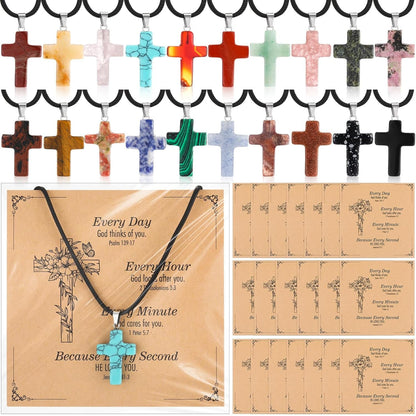 Christian Cross Charms for Jewelry Making Natural Stone Cross Gemstone Pendant Quartz Crystal Charm with Leather Chain and Card for Valentines DIY Necklace Earring Bracelet Gifts